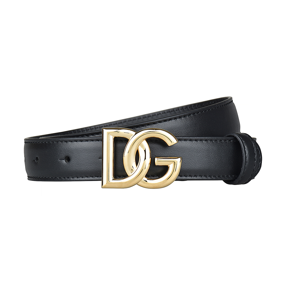 D&G DOLCE & GABBANA金屬LOGO牛皮釦式皮帶(黑x金)