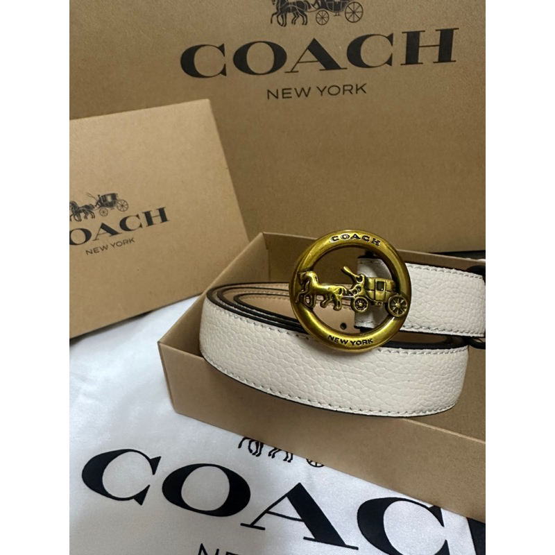 全新 COACH 女生皮帶 仿舊馬車 LOGO 經典皮帶 25mm 皮帶 奶油白色