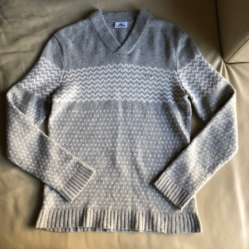 保證正品 Lacoste 灰色白條紋 V領 毛衣 size 4. 適合 L