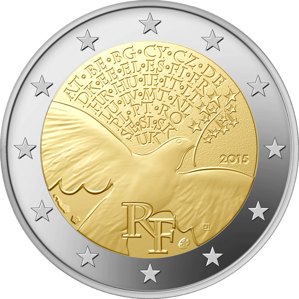 【幣】EURO 2015年法國發行 世界和平年70周年 2歐紀念幣