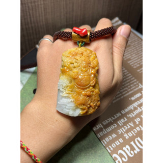 早期收藏蜜糖黃黃翡翡翠藝術玉雕開運財神平步青雲玉墜玉珮紅珊瑚設計款項鍊