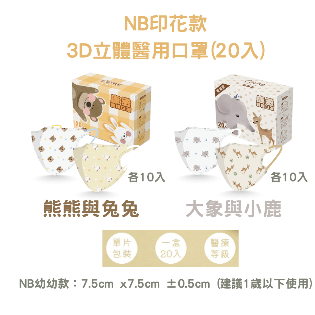 康丞ComeMask NB印花款3D立體醫用口罩(20入)【金龜車】✅嫩嬰 醫用口罩 1歲以下口罩 單片獨立包裝