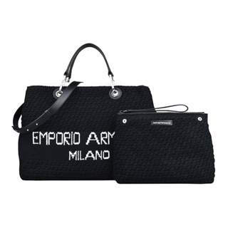 EMPORIO ARMANI MY EA白字LOGO針織羊毛釦式手提斜背子母托特包(黑)