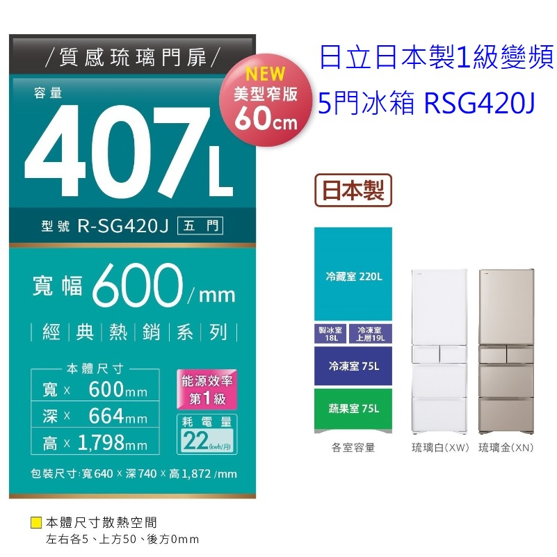 請詢價 日立日本製 變頻5門 琉璃電冰箱 407L RSG420J【上位科技】