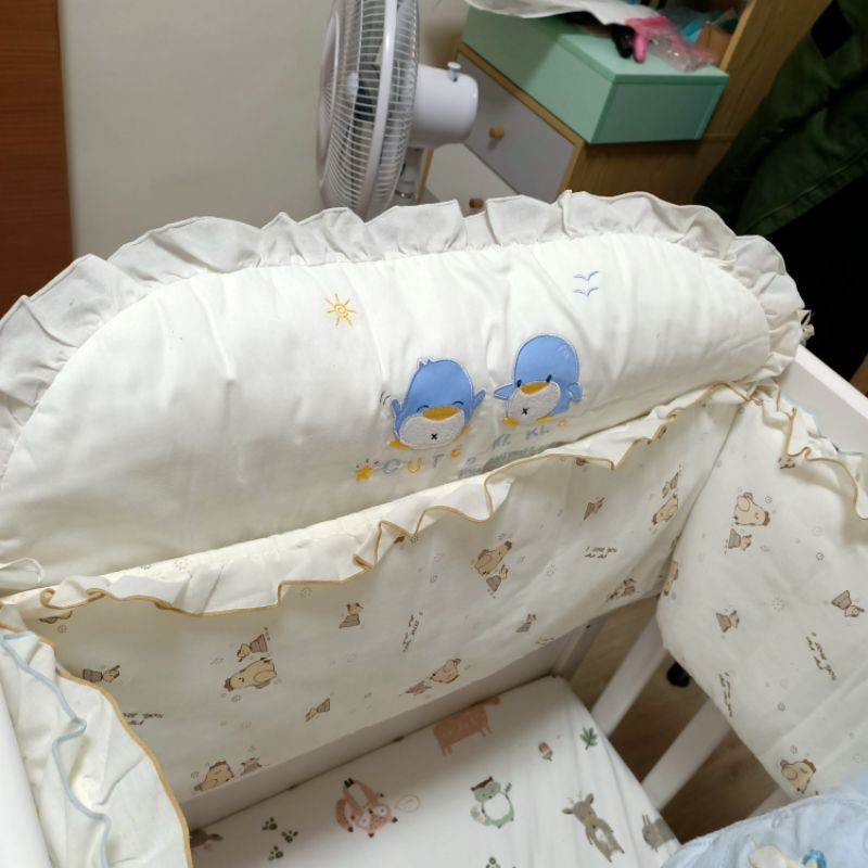 ［二手］嬰兒床圍 純棉床圍 小雞床圍 企鵝床圍 嬰兒床軟墊 防護 嬰兒床護欄 圍欄軟包