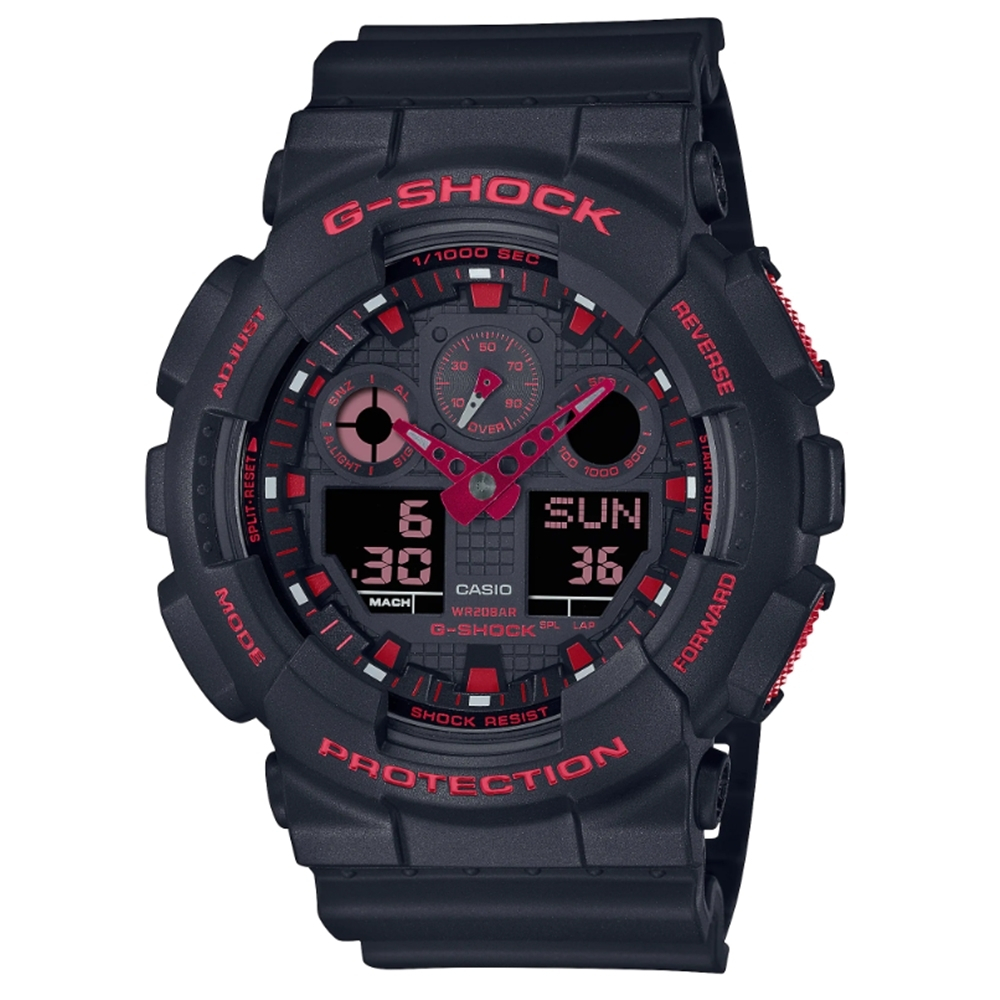 G-SHOCK 黑紅火焰防磁雙顯腕錶/GA-100BNR-1A