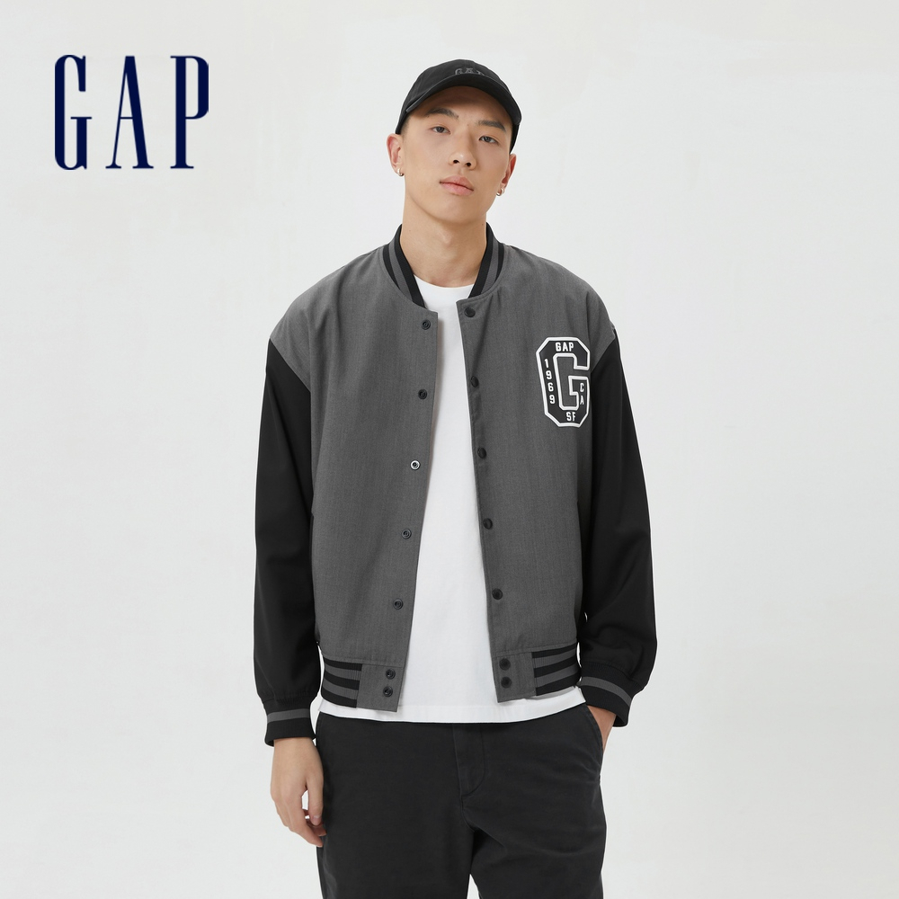 Gap 男女同款 Logo撞色運動棒球外套-灰黑色(602740)