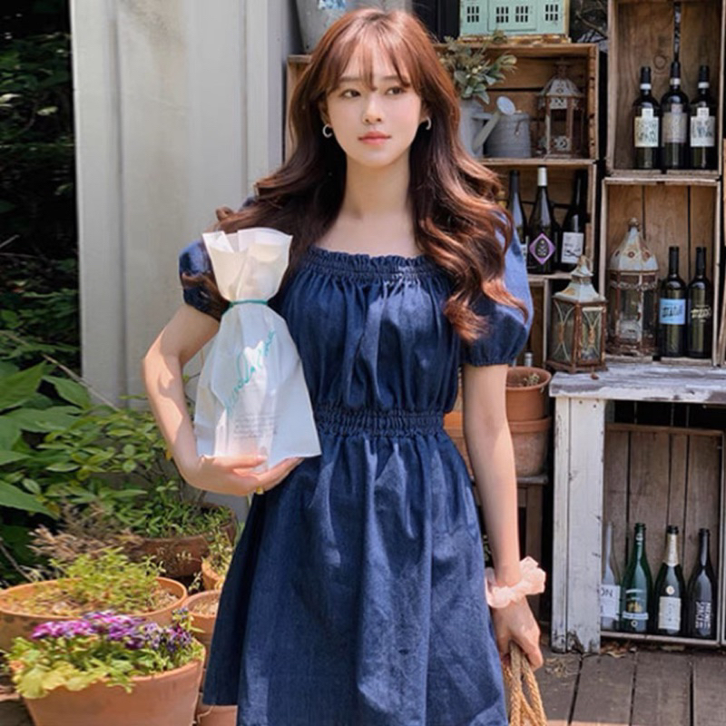 ♥現《Queen’s love》甜美氣質泡泡袖短款牛仔連衣裙 洋裝 夏季 女裝 裙子 旅遊 衣服 服飾 學生 甜美