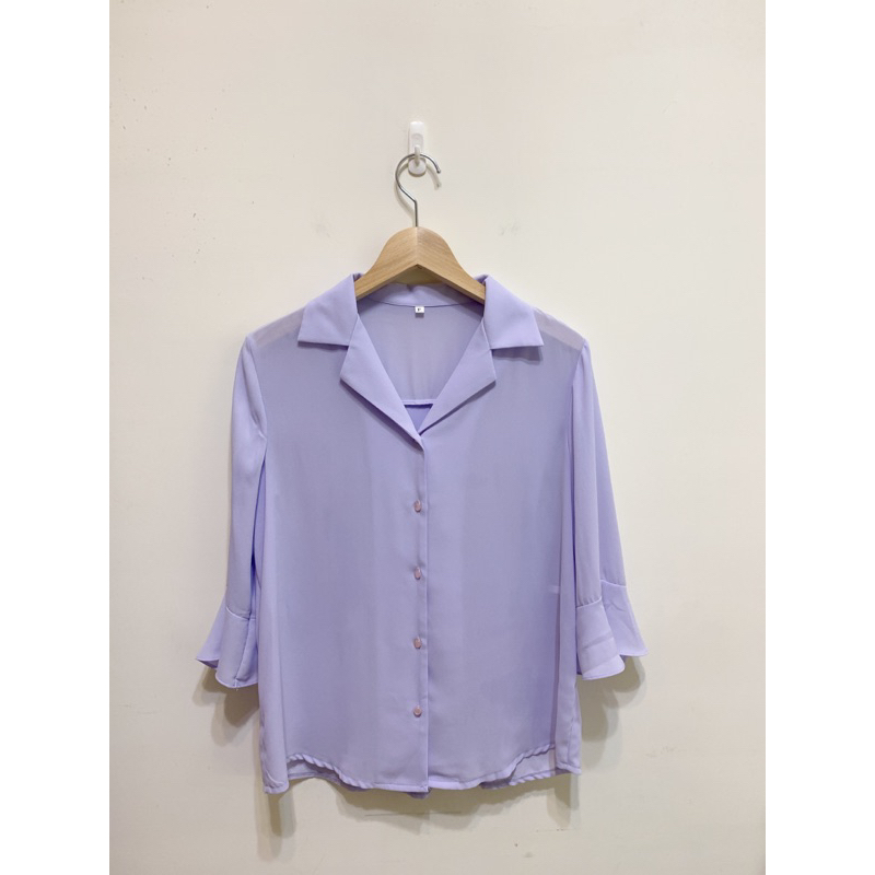 （全新）正韓 紫色水晶釦雪紡7分袖襯衫