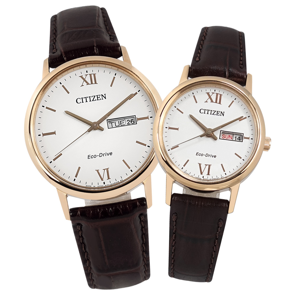 CITIZEN / 光動能 壓紋小牛皮手錶 情人對錶 白x玫瑰金框x深褐 37mm+27mm