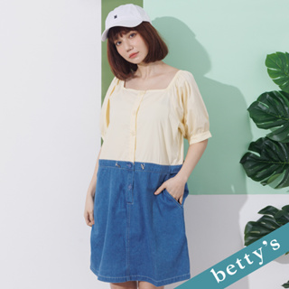betty’s貝蒂思(21)撞色拼接澎袖牛仔洋裝(淺藍)