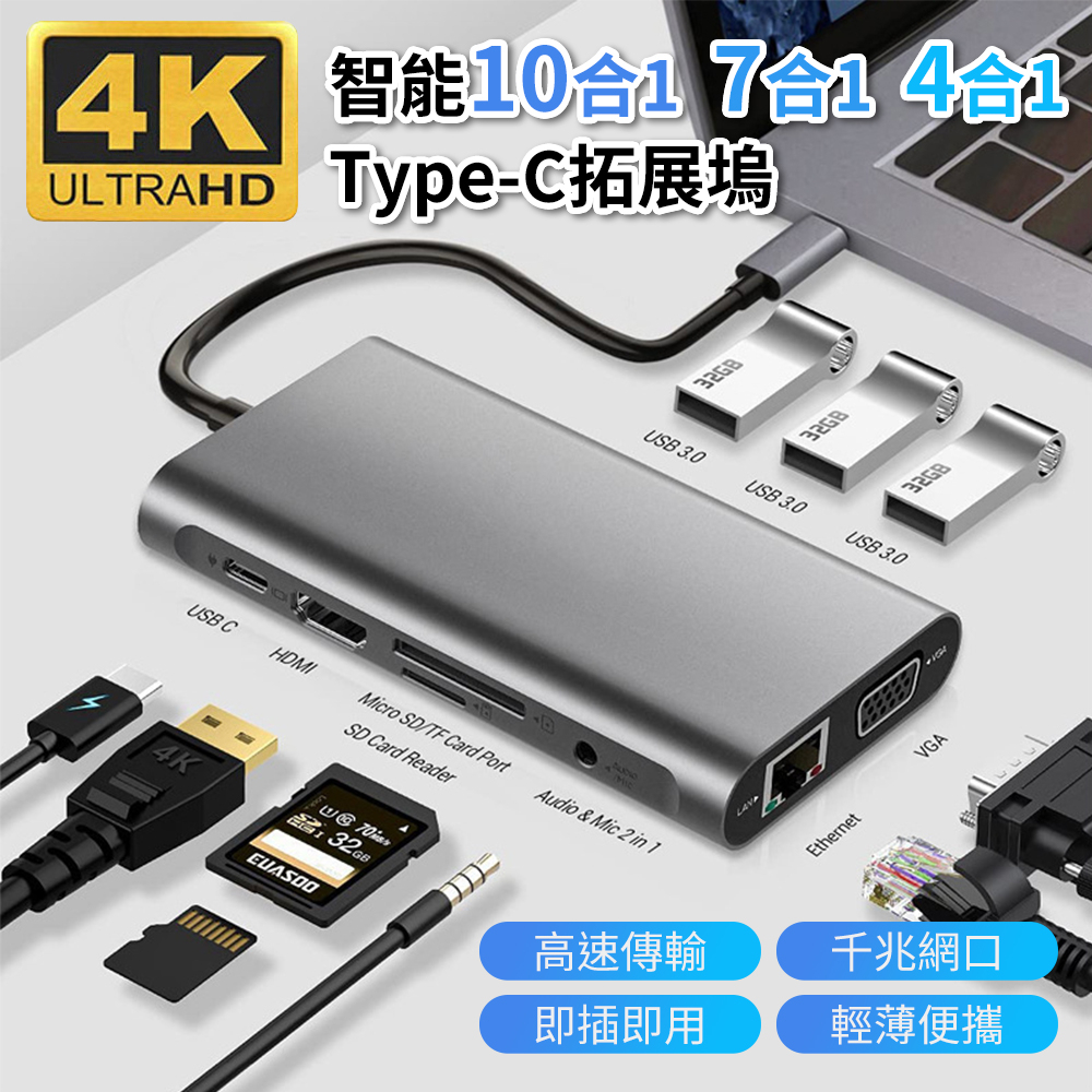 10合1✅7合1✅4合1擴展塢 Type-C擴展器 HDMI 4K轉接頭 Hub 蘋果電腦轉接頭 PD快充 USB 讀卡