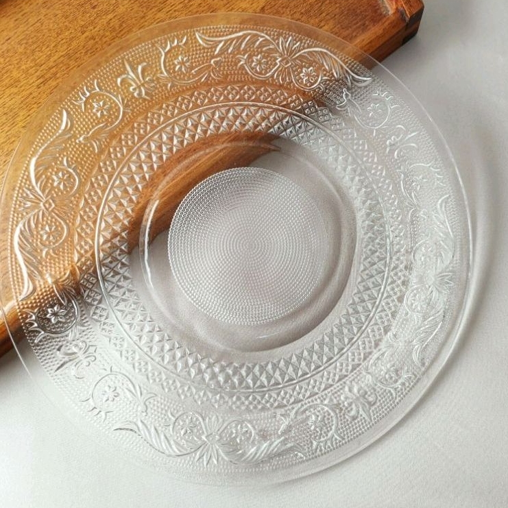 老木青 |早期KIG蕾絲浮雕透明玻璃盤Φ25.3cm 餐盤 飾品擺飾 復古餐具 VINTAGE