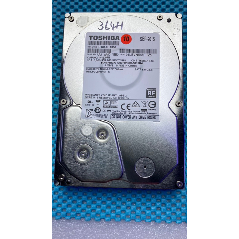 含稅價 TOSHIBA 3.5吋 3TB SATA3 64M 7.2K DT01ACA300 二手良品 10號