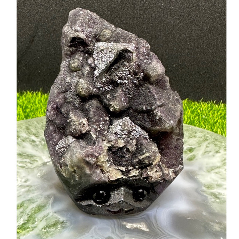 紫螢石共生細閃方解石原礦刺蝟/水晶原礦刺刺/紫螢石原礦雕件