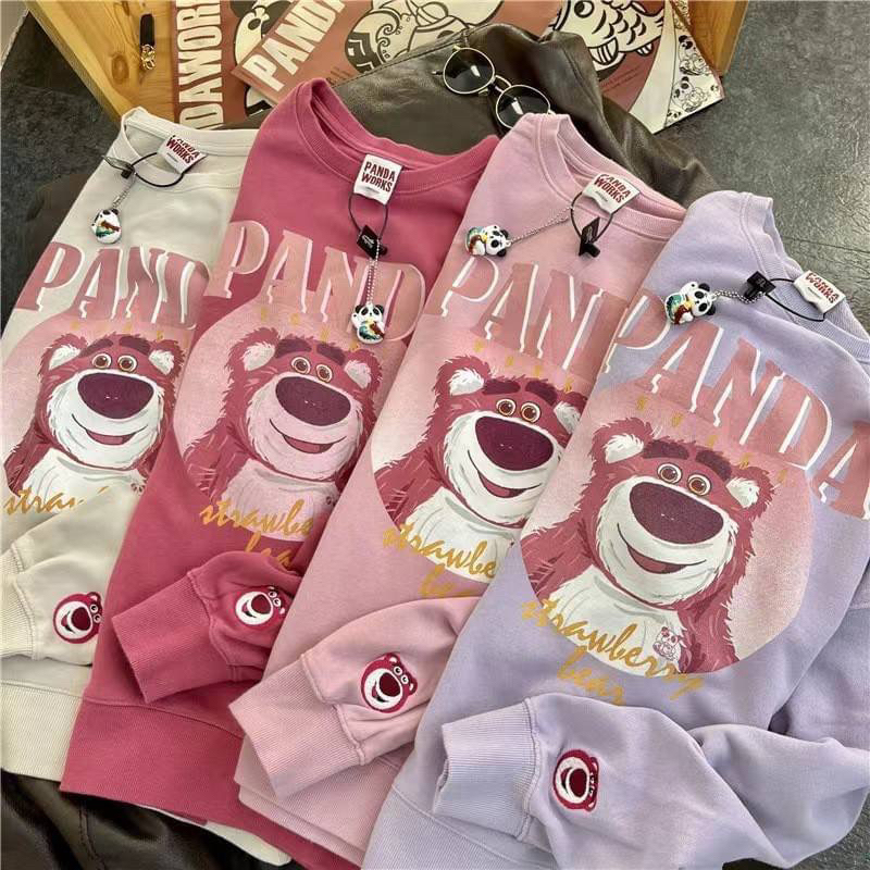 QIAN現貨🌟草莓熊長袖T 大學T 寬鬆 可愛 日系 卡通 熊抱哥 粉紅熊 衣服 服飾 學生