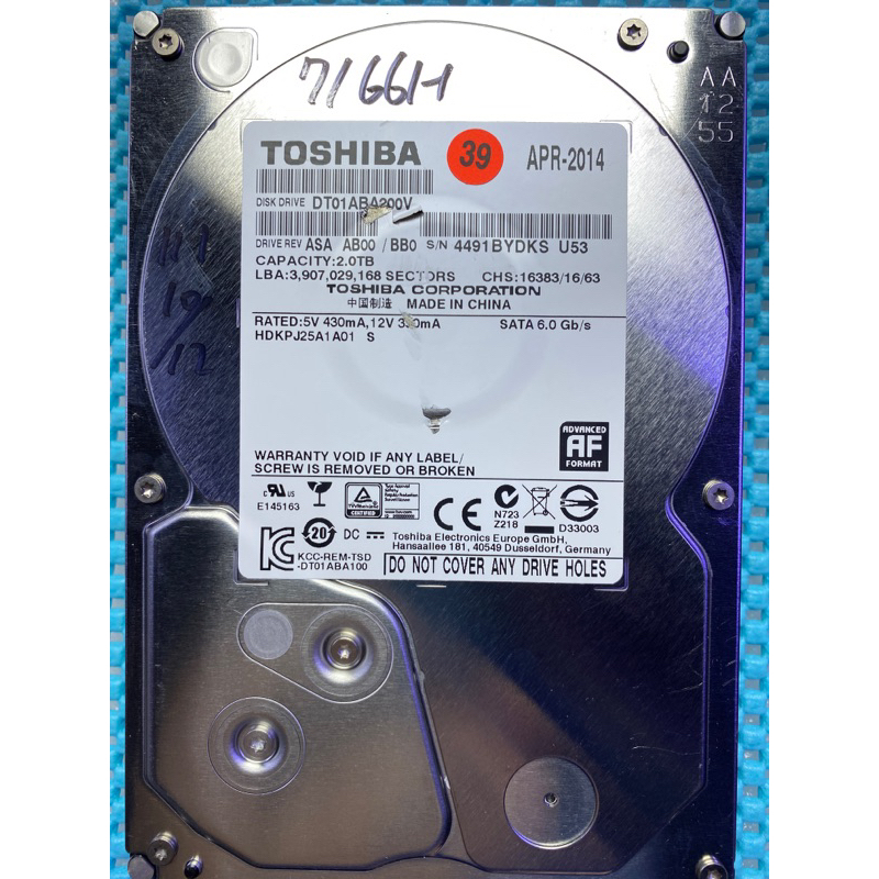 含稅價 TOSHIBA 3.5吋 2TB SATA3 64M 7.2K DT01ACA200 二手良品 39號