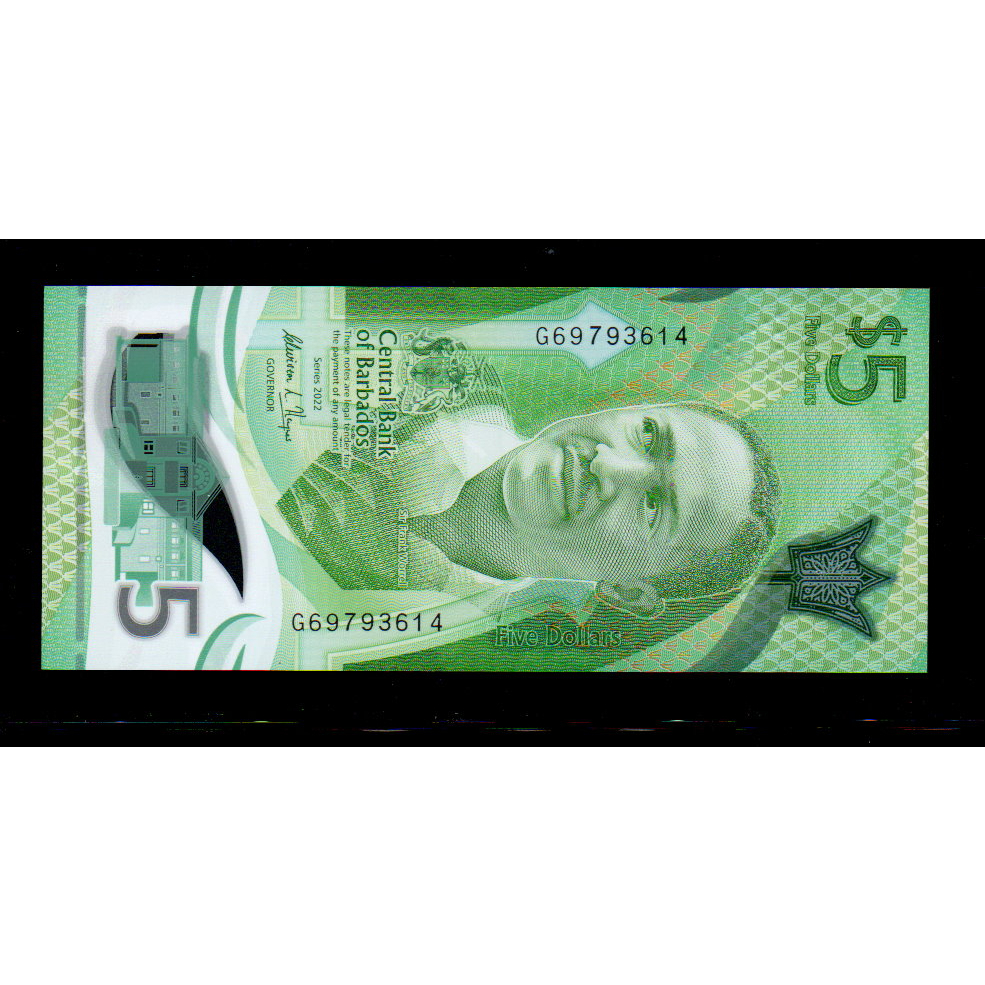 【低價外鈔】巴貝多2022年 5 Dollars 塑膠鈔一枚 板球圖案 最新發行~*