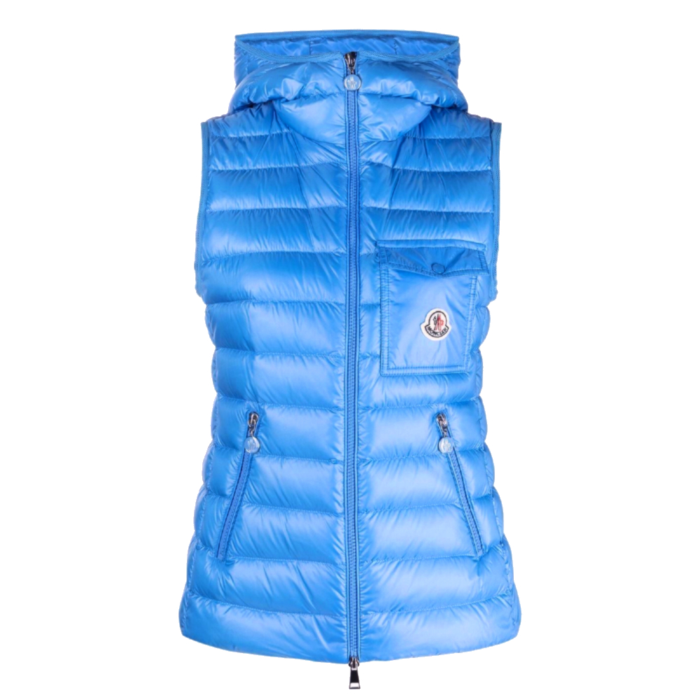 【鋇拉國際】MONCLER 女款 品牌LOGO 連帽羽絨背心 藍色 義大利正品代購 歐洲代購 台北實體工作室