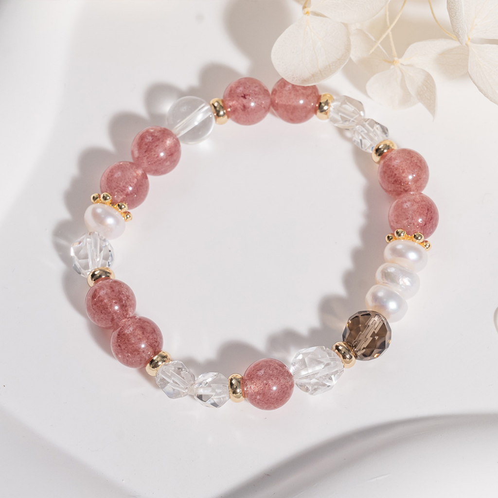 莓果阿薩姆‧草莓晶煙水晶天然珍珠水晶手環-E40084