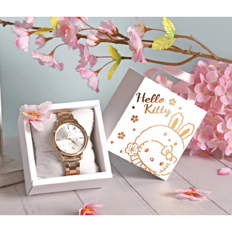 ♥小玫瑰日本精品♥ Hello Kitty 玫瑰金時尚兔裝限定手錶 大人小孩皆宜 金屬錶