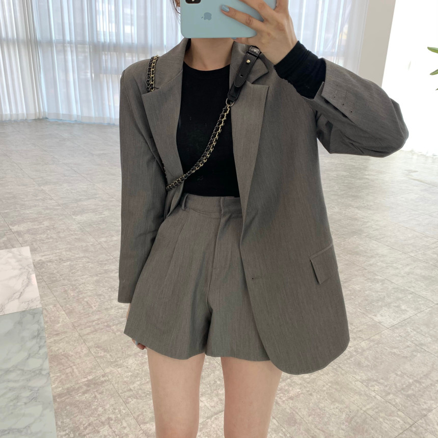 【Feodora🇰🇷】韓國chic法式優雅翻領排釦兩件套 寬鬆西裝外套+高腰闊腿西褲短褲 高質感 休閒個性風