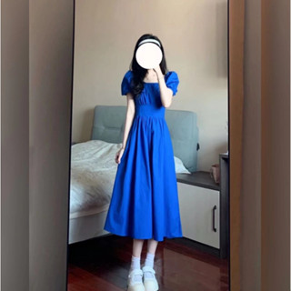 洋裝 短袖連身裙 沙灘裙學院風克萊因藍方口領連身裙女學生夏季收腰顯瘦中長款A字裙子G6122- 3787.衣時尚
