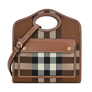 BURBERRY Horseferry系列經典格紋帆布Pocket手提/斜背包(棕色/迷你)｜JS Maxx官方旗艦館