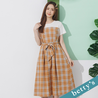 betty’s貝蒂思(21)格紋拼接綁帶洋裝(深橘)