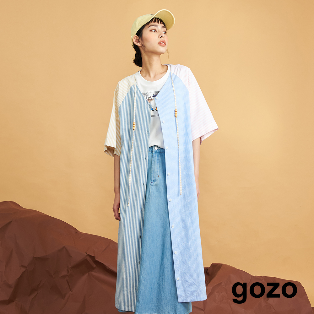 【gozo】條紋撞色拼接開襟洋裝(淺藍/淺綠_F)｜女裝 顯瘦 休閒