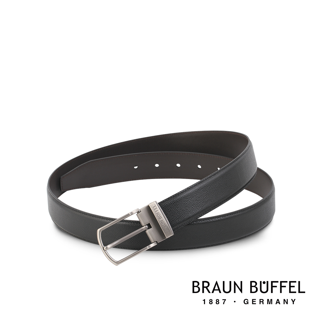 【BRAUN BUFFEL 德國小金牛】台灣總代理 沉穩紳士窄框字母壓印穿針式皮帶-啞銀色/BF21B-WEG205-N