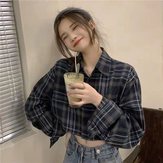 【臺中發貨】韓版早春百搭顯瘦立領格子襯衫女時尚休閒小個子長袖短款上衣外套