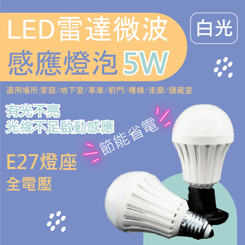 LED雷達微波感應燈泡💡 5W 白光 微波感應 節能燈泡 家用節能燈 感應燈泡 E27 全電壓 適用於走廊 停車場 車庫