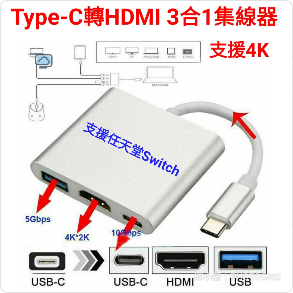 Type C TO HDMI+USB3.1三合一 PD供電 支援4K轉換線 任天堂switch可支援