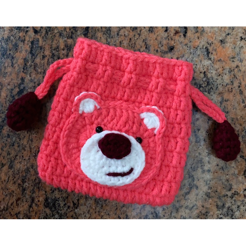 針織 純手工 草莓熊 熊抱哥 束口袋 耳機包 零錢包