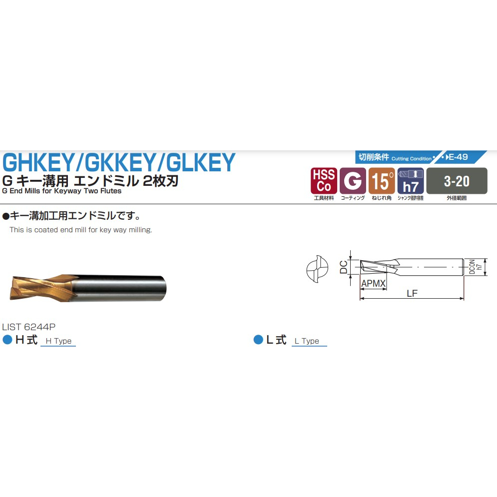 泉五金職人 NACHI 鍍鈦端銑刀 GHKEY GLKEY GKKEY N 6244P 2刃型槽銑刀 3MM-20MM