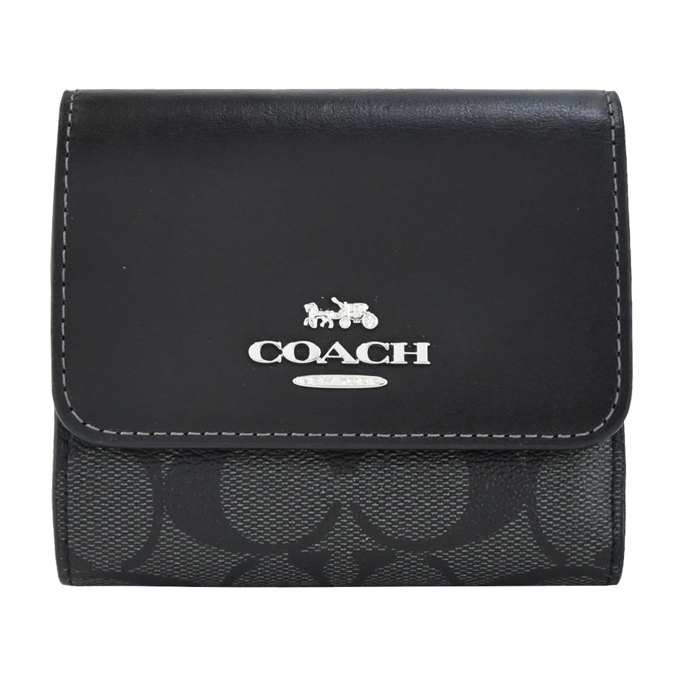 COACH 立體馬車LOGO 皮革拼接PVC三折短夾(兩色)｜100%原廠真品｜JS Maxx官方旗艦館