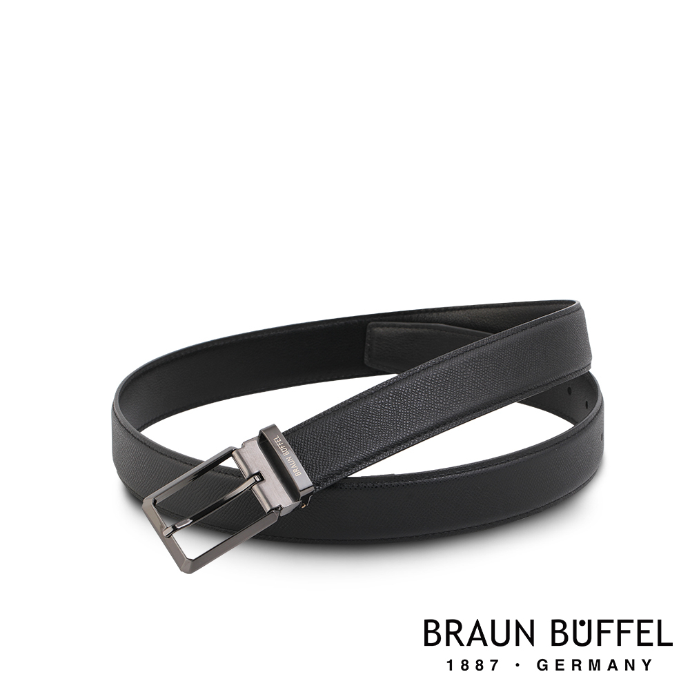 【BRAUN BUFFEL 德國小金牛】台灣總代理 沉穩紳士穿針式十字紋皮帶-鎗色/BF21B-RO226T-SGU