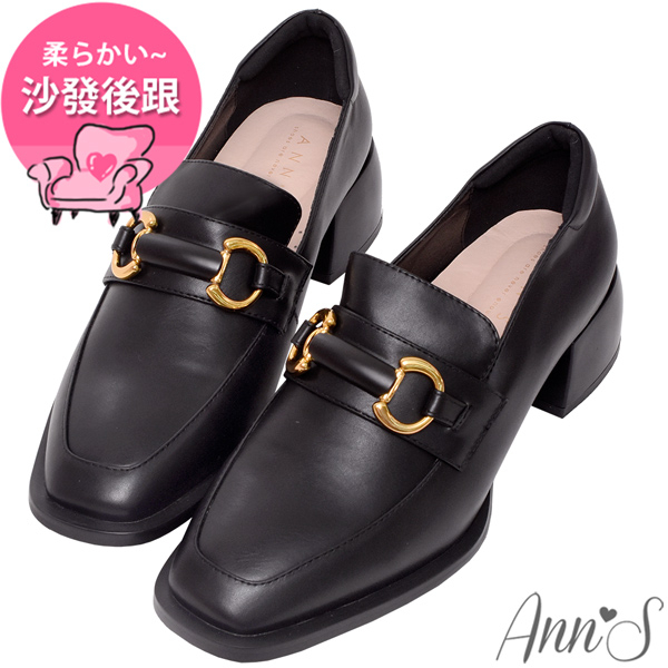Ann’S訂製立體金扣-方頭粗跟樂福鞋4.5cm-黑