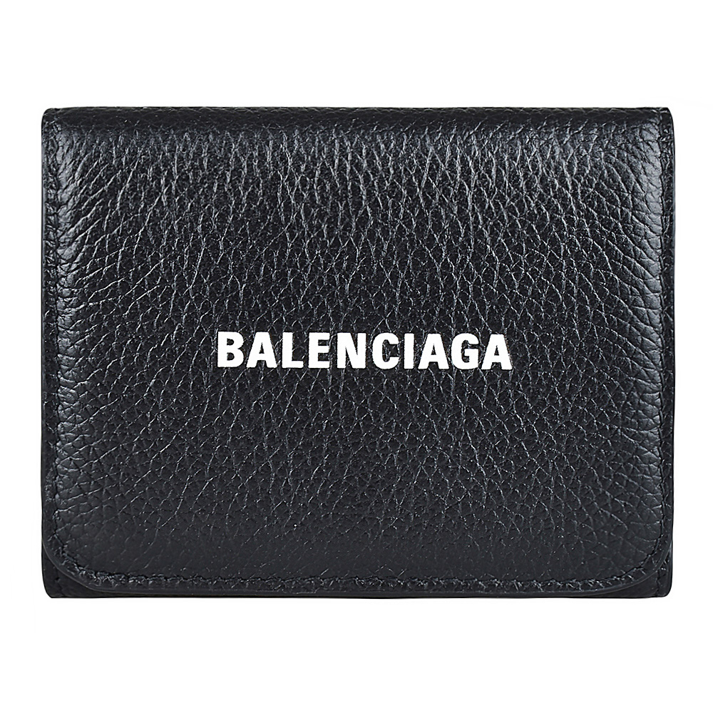 Balenciaga CASH白字LOGO牛皮3卡釦式三折短夾(黑)