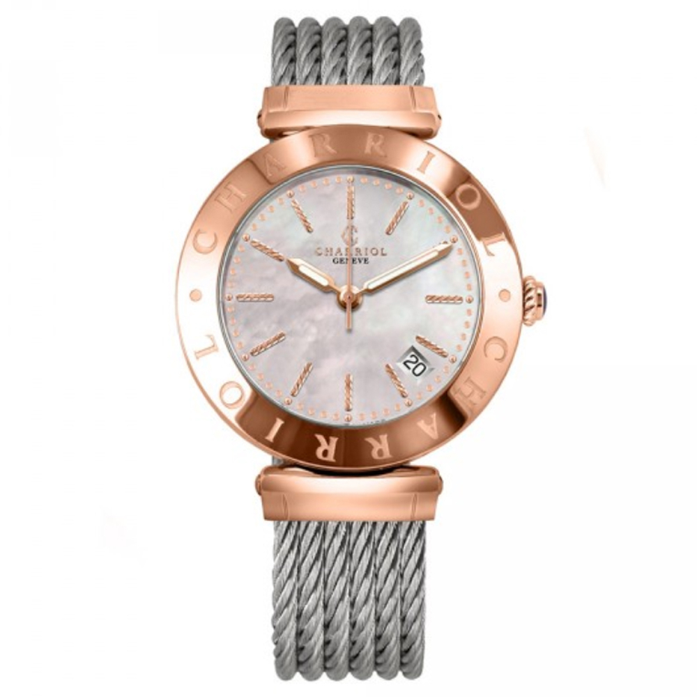 【CHARRIOL 夏利豪】新Alexandre C型號 珍珠母貝石英淑女腕錶-玫瑰金34mm(AMP.51.004)