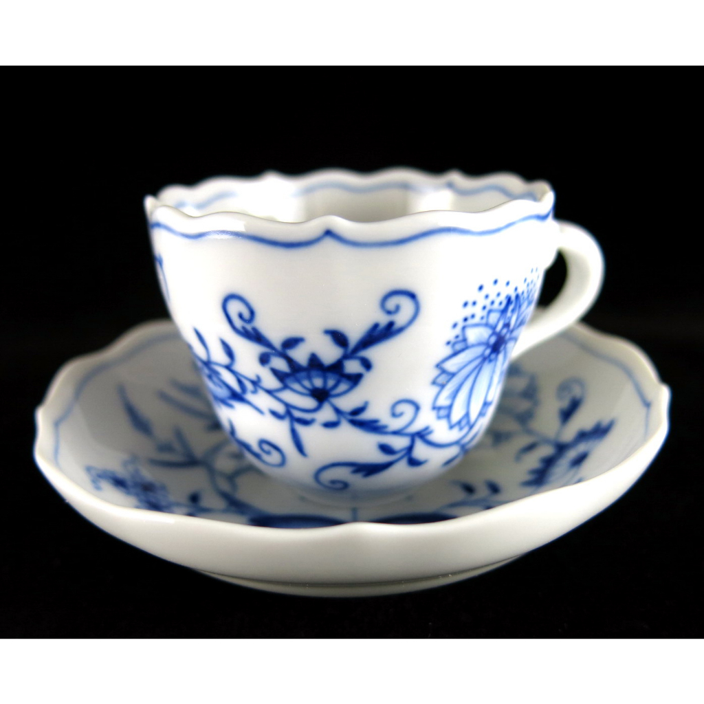 德國麥森Meissen 手繪藍洋蔥系列摩卡咖啡杯盤組-A