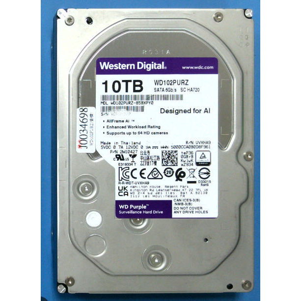 WD102PURZ 紫標 10TB 3.5吋監控系統硬碟 拆機良品保固中 10TB 硬碟
