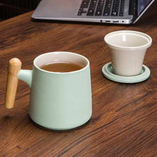 簡約時尚陶瓷泡茶杯木柄把手附濾網陶瓷茶杯馬克杯咖啡杯帶蓋水杯茶隔花草茶小茶壼辦公居家泡茶杯子