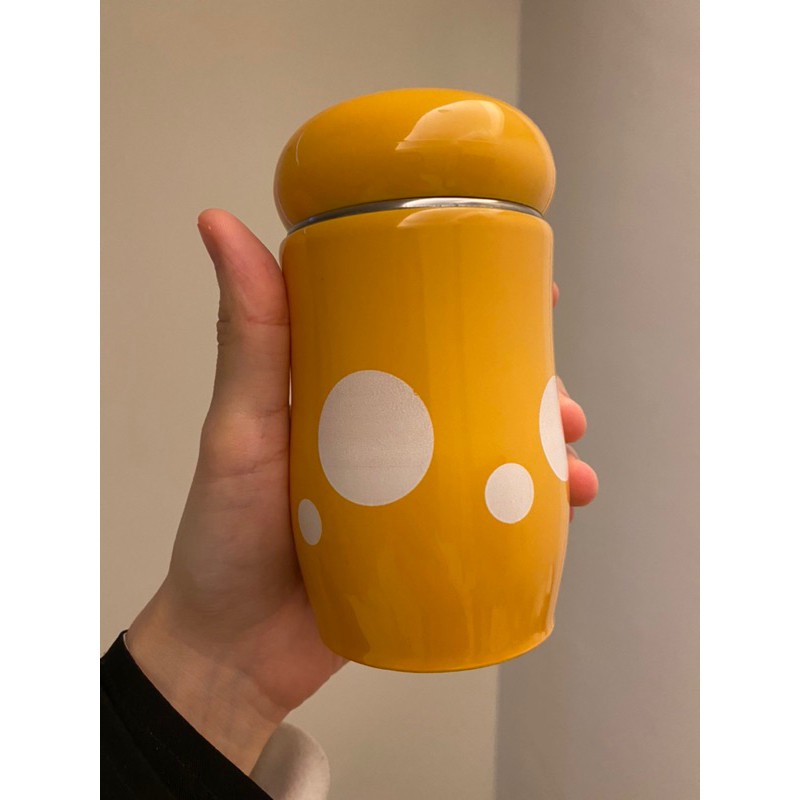 (二手）黃色可愛蘑菇圓點點水壺 波點香菇造型水壺 不鏽鋼水壺 隨身杯300ml