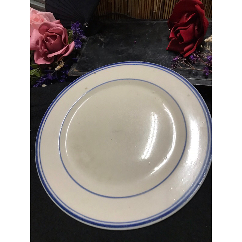 台灣早期  1945-1955年代 青花環藍圈盤 01款 老碗盤 古瓷盤 古早味/收藏 懷舊復古
