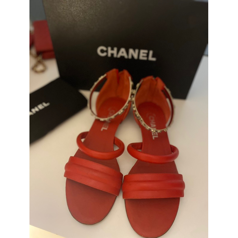 CHANEL正品紅色平底羅馬鞋39（24.5）