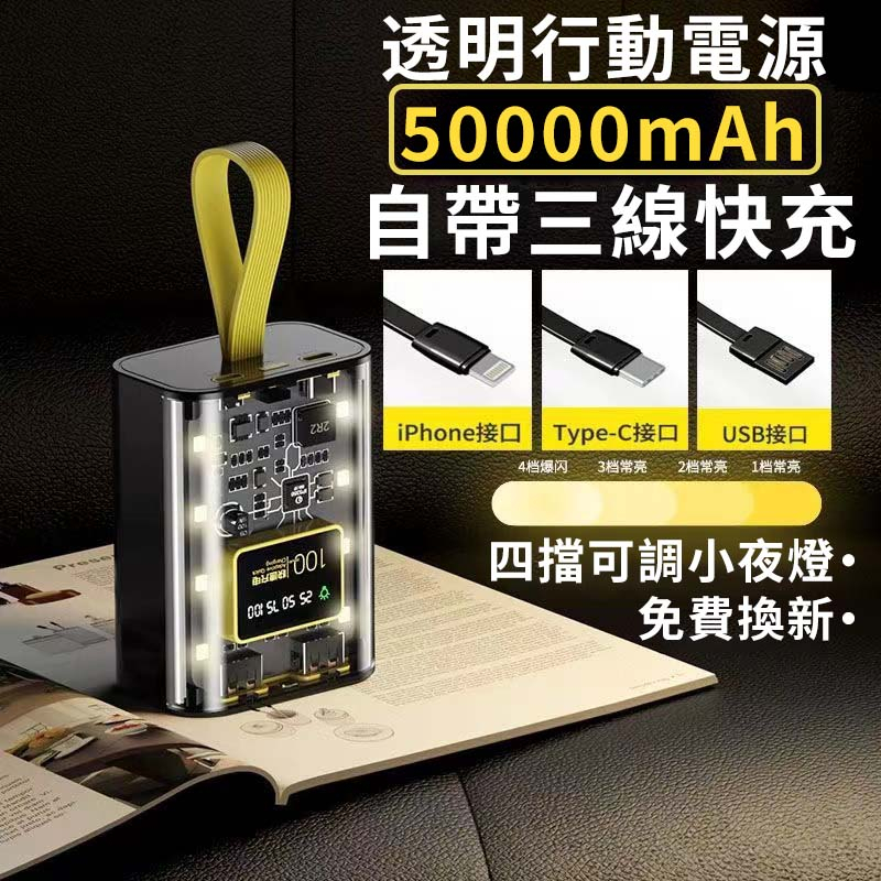 【贈USB小風扇】 行動電源 50000mAh 大容量 2A快充 自帶三線 數顯 小巧便攜 旅行充 行動充 移動電源