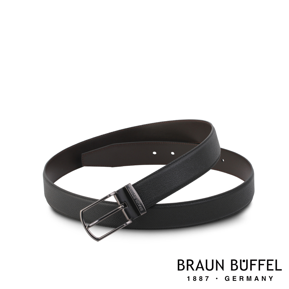 【BRAUN BUFFEL 德國小金牛】台灣總代理 沉穩紳士窄框字母壓印穿針式皮帶-啞鎗色/BF21B-WEG205-G