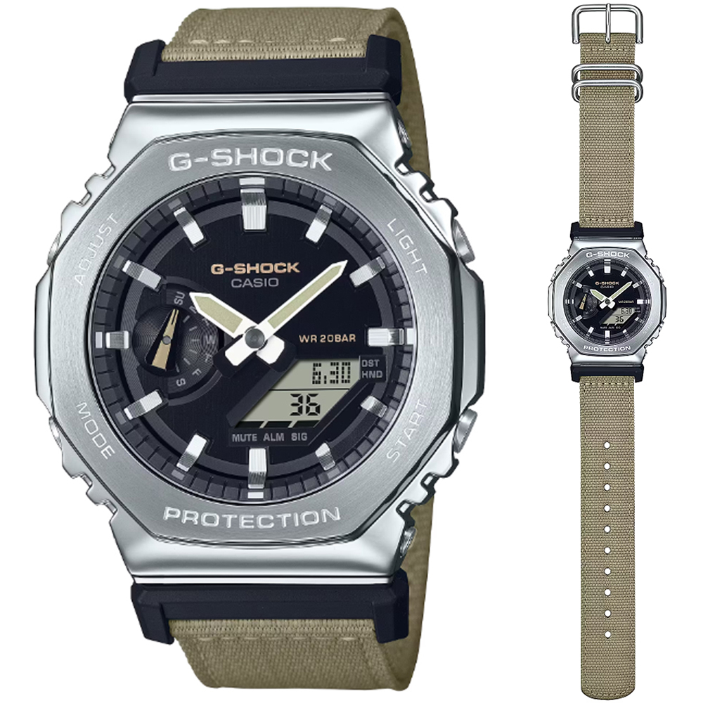 【CASIO 卡西歐】G-SHOCK 時尚經典 農家橡樹金屬錶殼布質編織帶雙顯錶-銀(GM-2100C-5A)